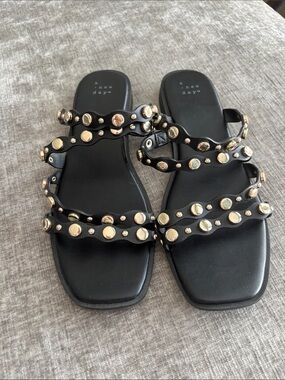 A New Day Black Studded Strappy Sandals Gold Stud Slide Flat Shoes Size 8.5